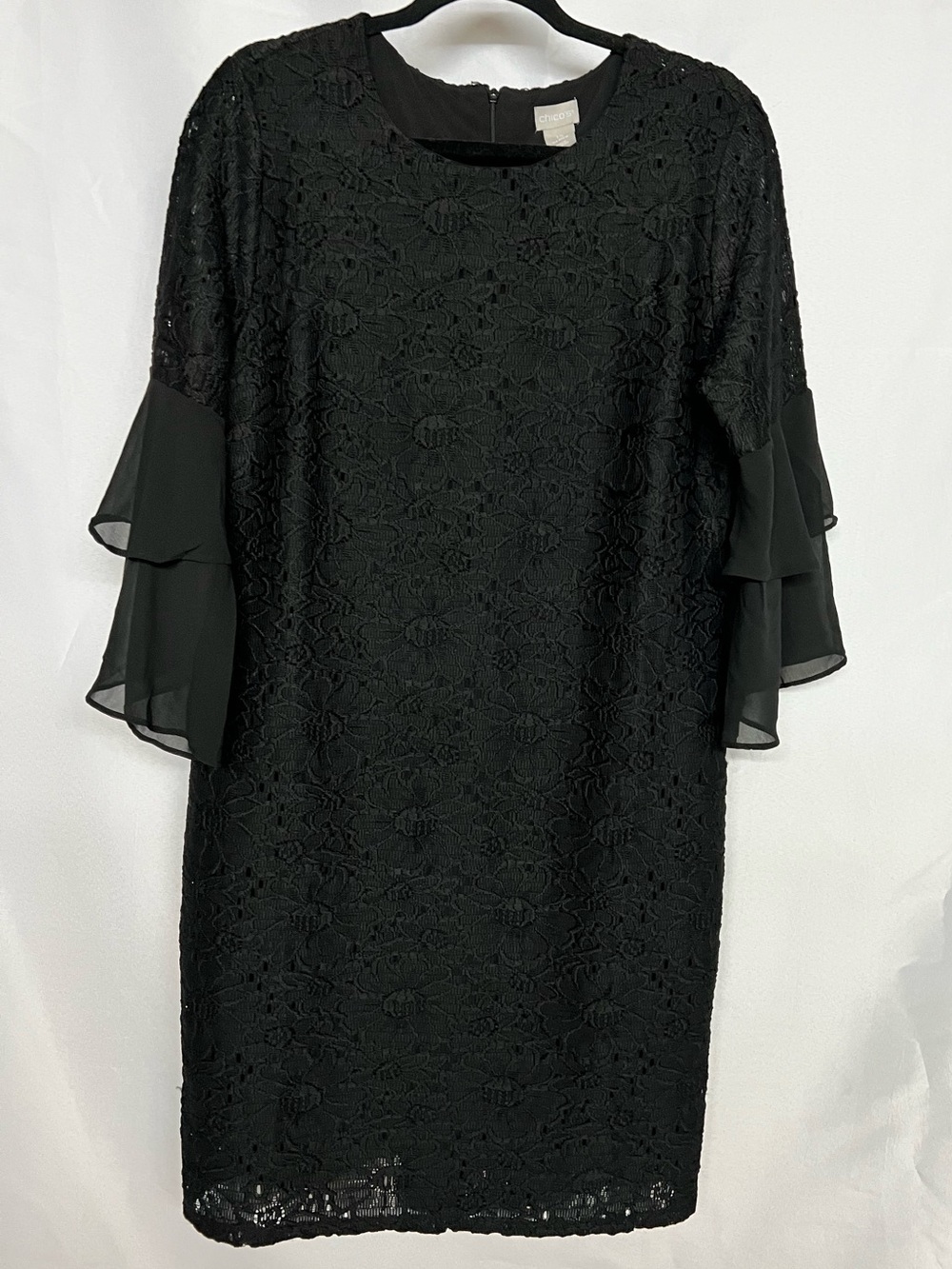 Chico's Black Lace Sheath Knee Dress Tiered Ruffle Sleeves Sz M (1.5) Lining